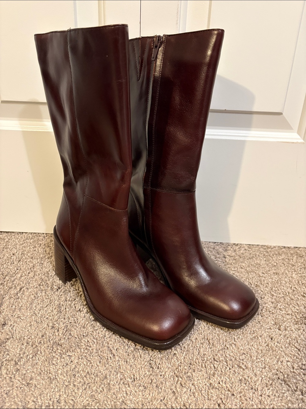 Zara Leather Square Toe Boots in Deep Burgundy